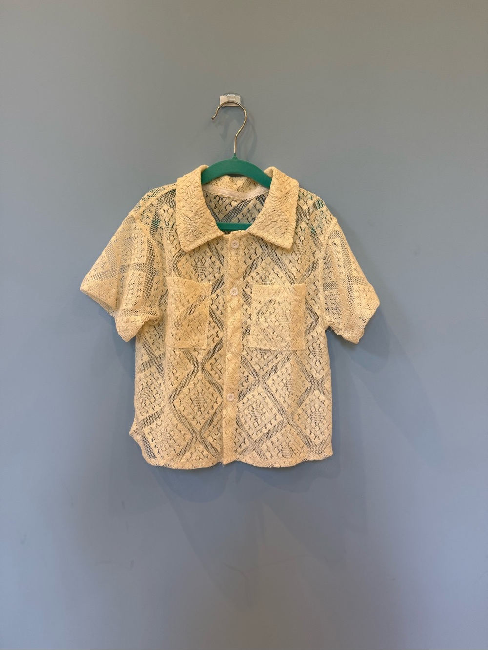 Kids Short-Sleeve Lace Button-Up Shirt in Cream